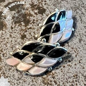 VINTAGE Art Deco Silver and Black and White Enamel Post Earrings EVC